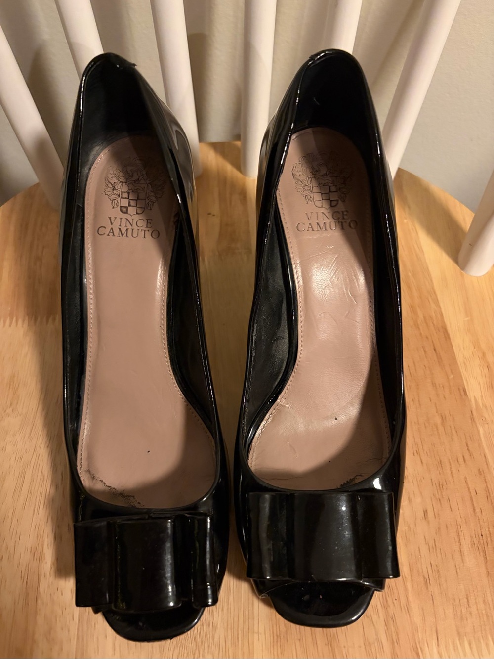 Vince Camuto Black Patent Peep Toe Pumps with Bow